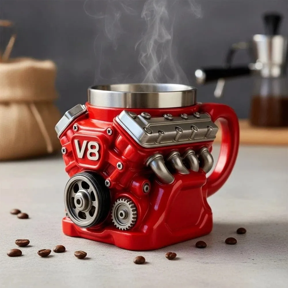 Retro Engine Coffee Mug with Handle 180ML V8 Engines Stainless Steel Cup Double Wall Realistic Design Insulation Car Mug