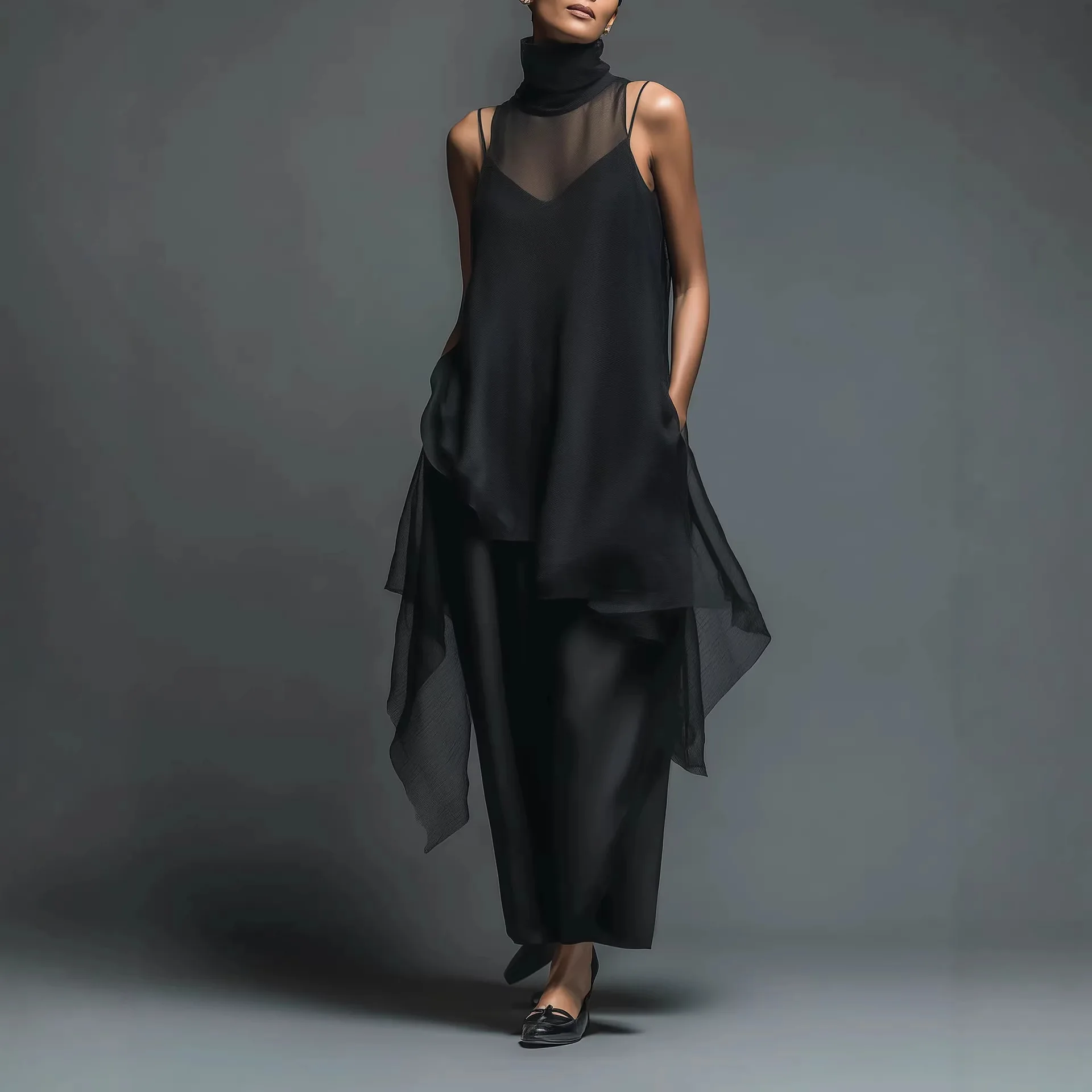 

Black Elegant Office Suits Sexy Lady Turtleneck Top and Sling Dress Party Outfit Black Sleeveless Loose Summer Two Piece Set