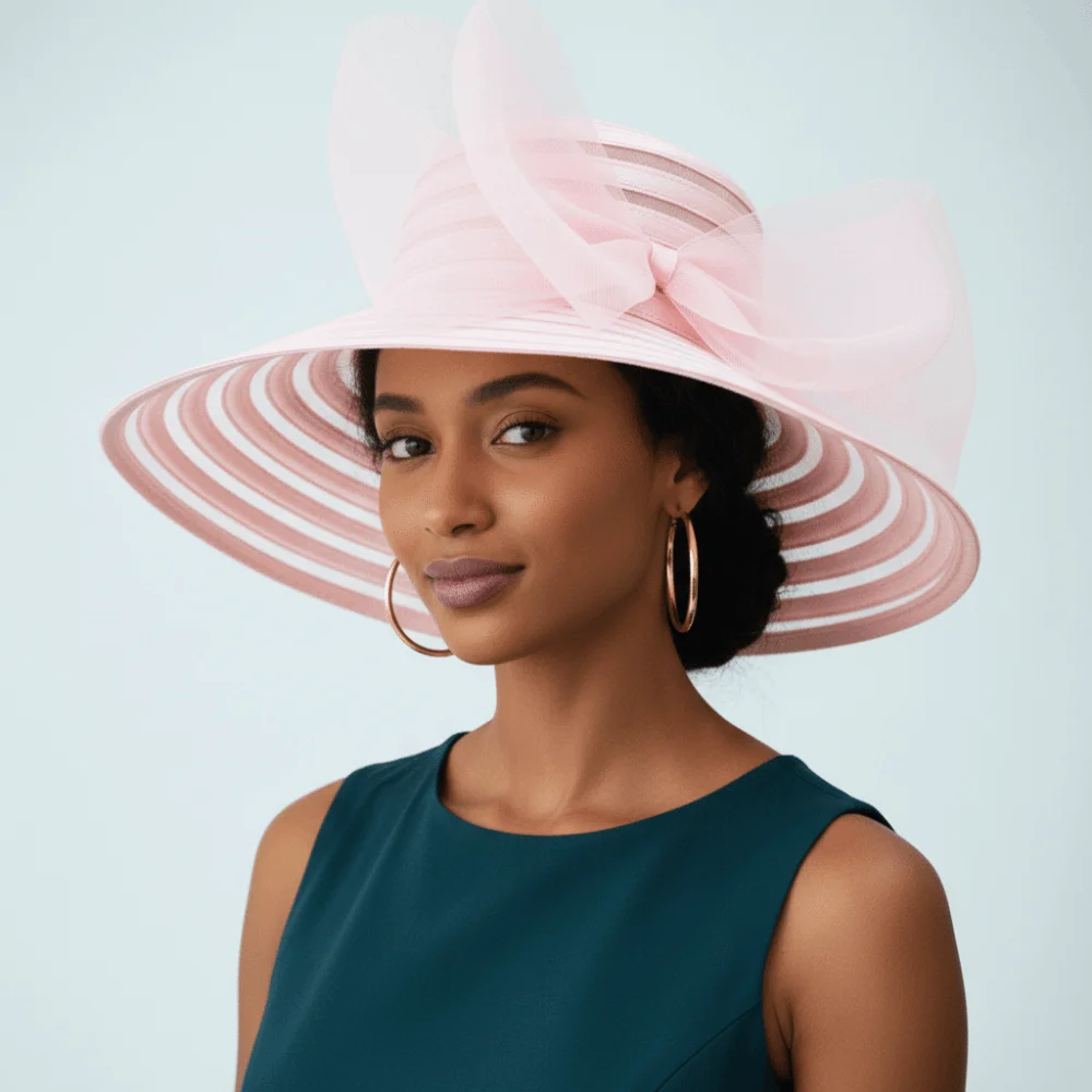 Elegant Ruffles Design Organza Mesh Hat Large Bow Breathable Tea Party Cap Wide Brim Sun Hat Resort Wear