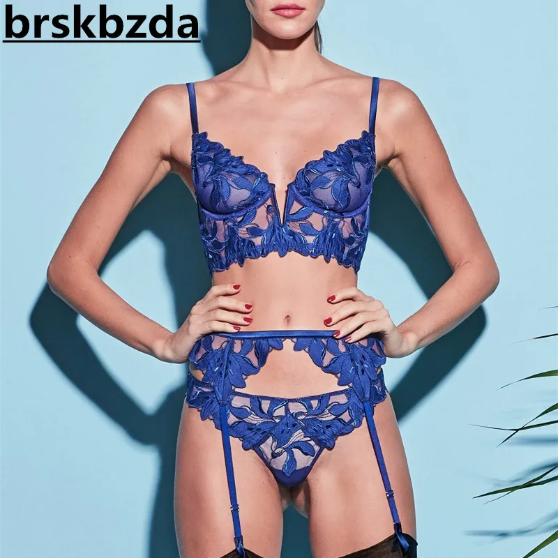 Brskbzda Sexy Lingerie Luxury Lace Embroidery Fancy Women Underwear Set Pushup Sex Bra And Briefs Set Transparent Erotic Thongs