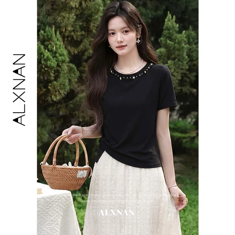 ALXNAN Women's Black Short Sleeve T-shirt Summer New Round Neck Side Twist Ruched Waist Slim Elegant Casual Tee Tops L66961A
