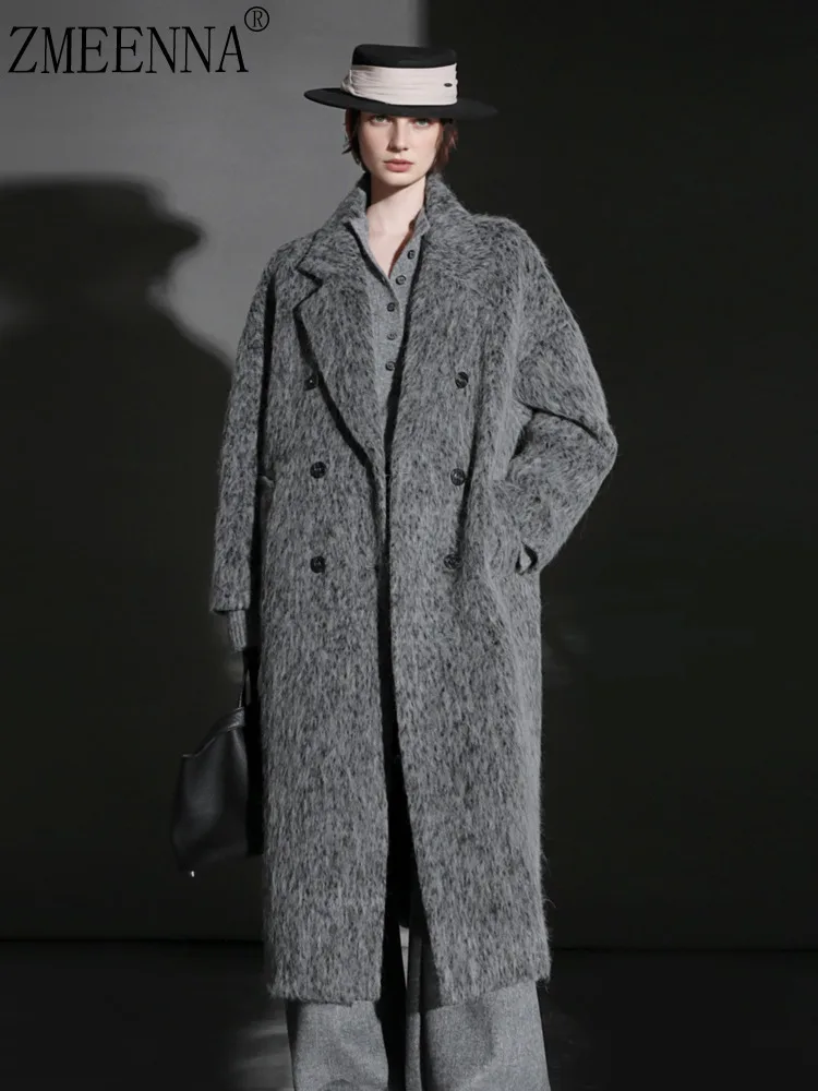 

ZMEENNA женское серое длинное пальто Fuzzy Blend, двубортное пальто большого размера с лацканами, зимняя теплая верхняя одежда, пальто, повседневное шикарное ZM4627