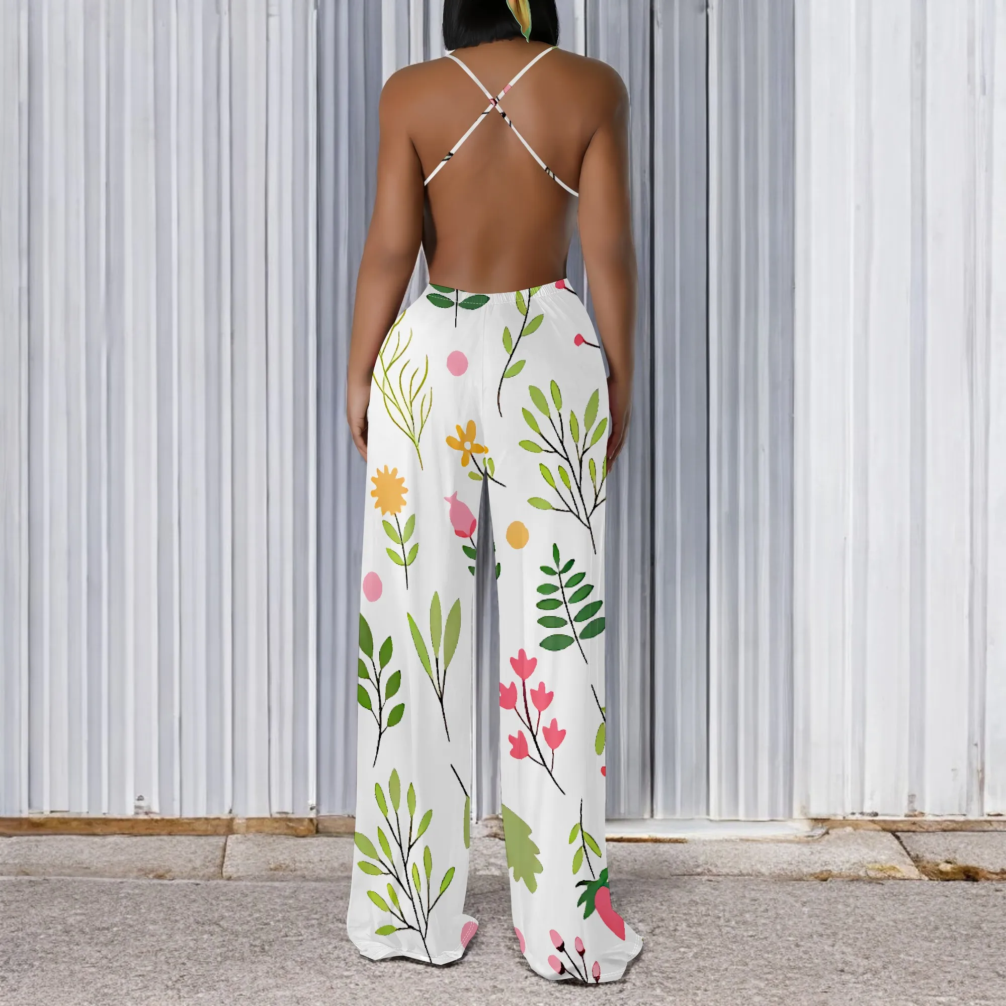 Fresh Leaf Floral Print Jumpsuit Women Sleeveless Spaghetti Strap Wide-Leg Summer Outfit