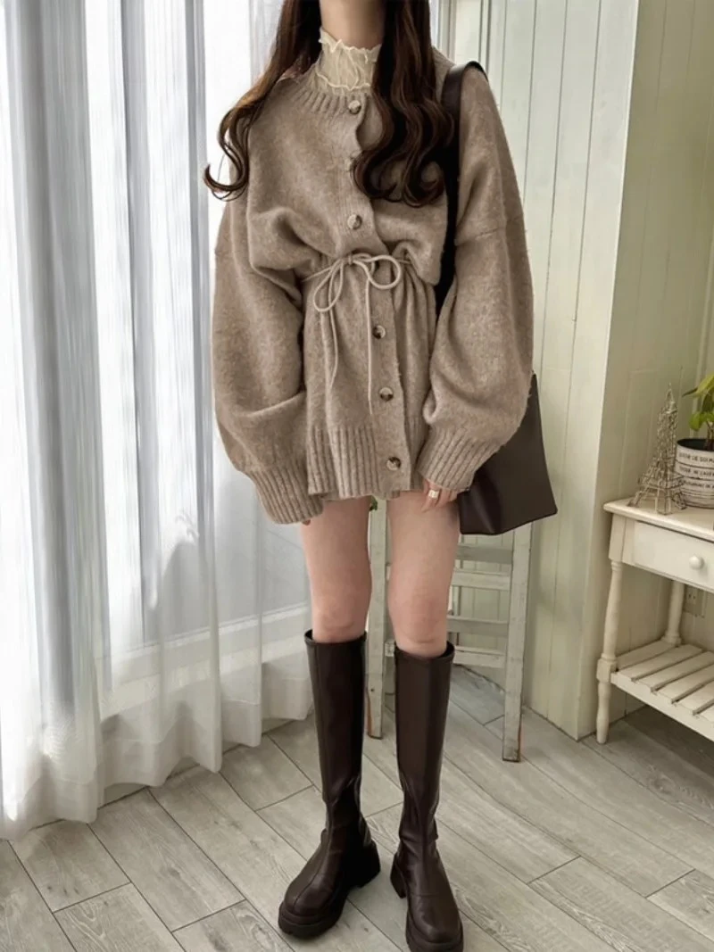 Jesienno-zimowy, nowy, japoński styl, słodki, miękki kardigan z moheru, dzianinowy płaszcz, luźny, z kokardą, zapinany na jeden guzik, sweter o średniej długości.