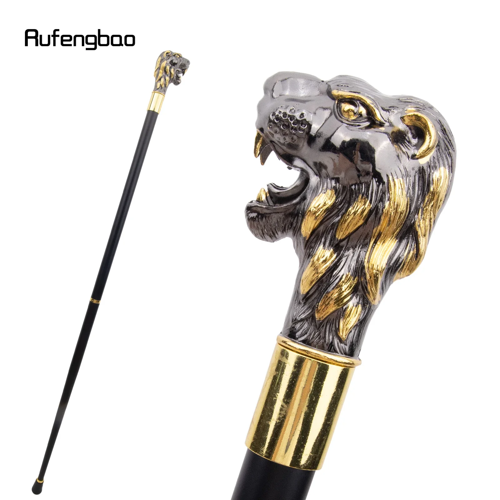 Golden Black Lion Head with Mustache Fashion Walking Stick Vintage Fashionable Walking Cane Crosier 93cm  Performance Stage Cane