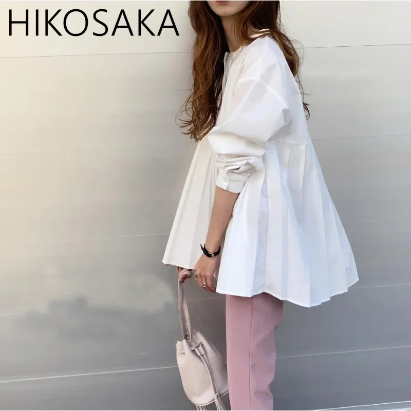 Spring Summer 2024 New Japanese Casual Shirts O-neck Loose Long Sleeve Shirts Pleated Elegant Ladies Tops All-match Blusa Mujer