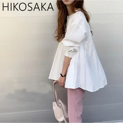 Spring Summer 2024 New Japanese Casual Shirts O-neck Loose Long Sleeve Shirts Pleated Elegant Ladies Tops All-match Blusa Mujer