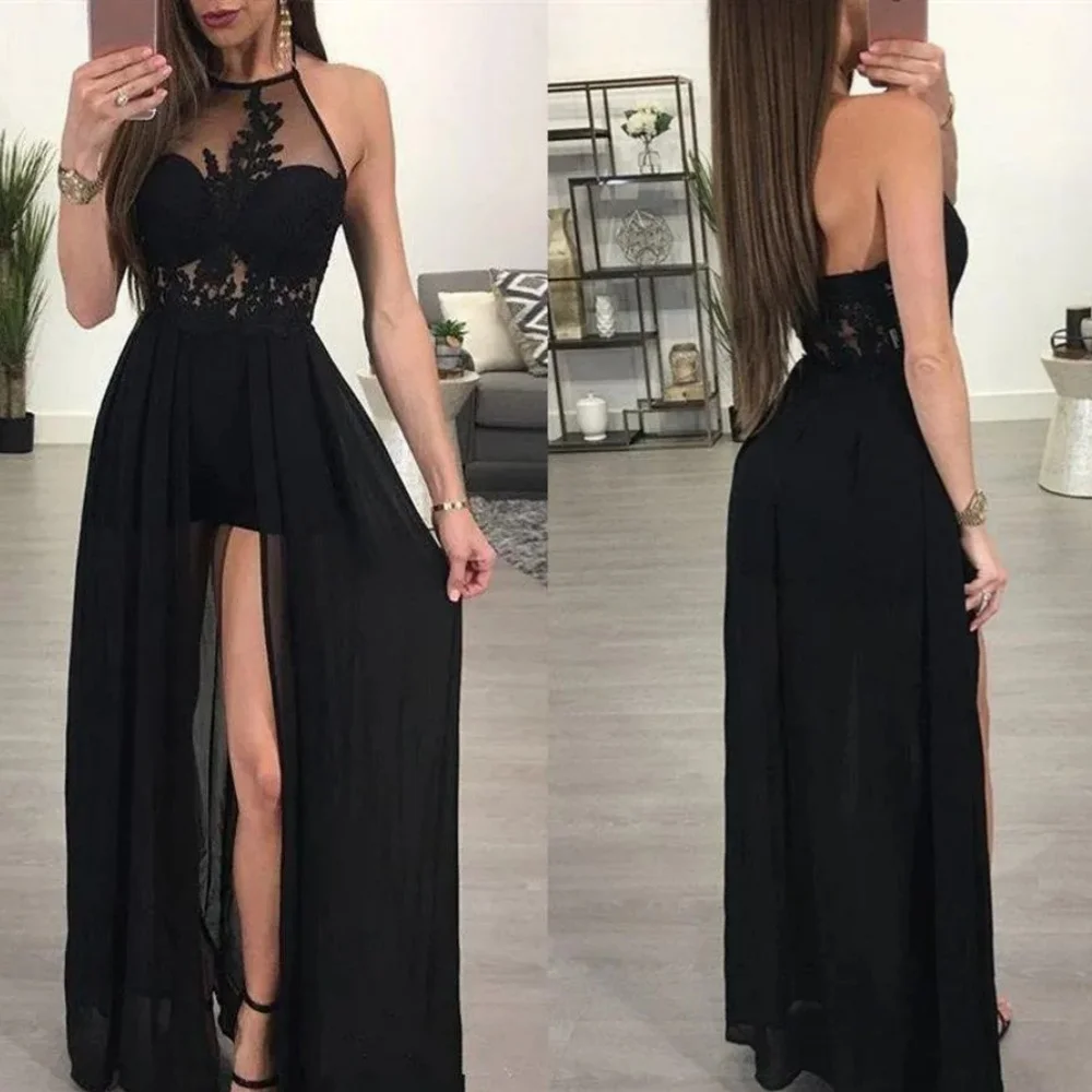 Sexy Halter Neck manga comprida vestido de noite transparente, Chiffon Prom Dress, Party Wear, Fenda frontal, Ocasião especial, 2022