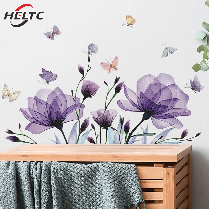 1set Romantic Purple Flowers Butterfly Bedroom Living Room Home Beautification Decorative Wall Stickers Room Decal