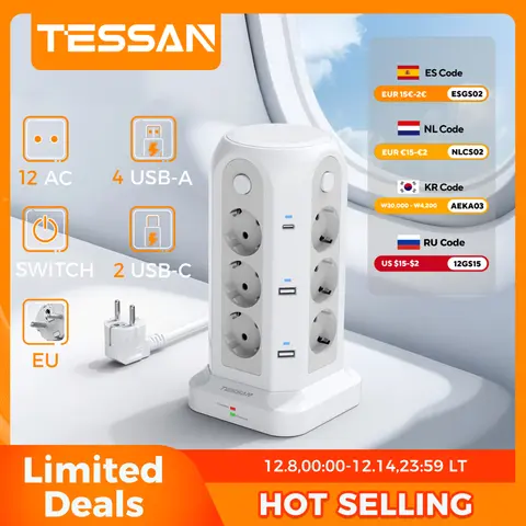 TESSAN C형 전원 스트립(4개 싱글 스위치 타워형 다중 소켓, 서지 보호 기능, 2M 5M 연장 케이블, 플러그 어댑터 포함)