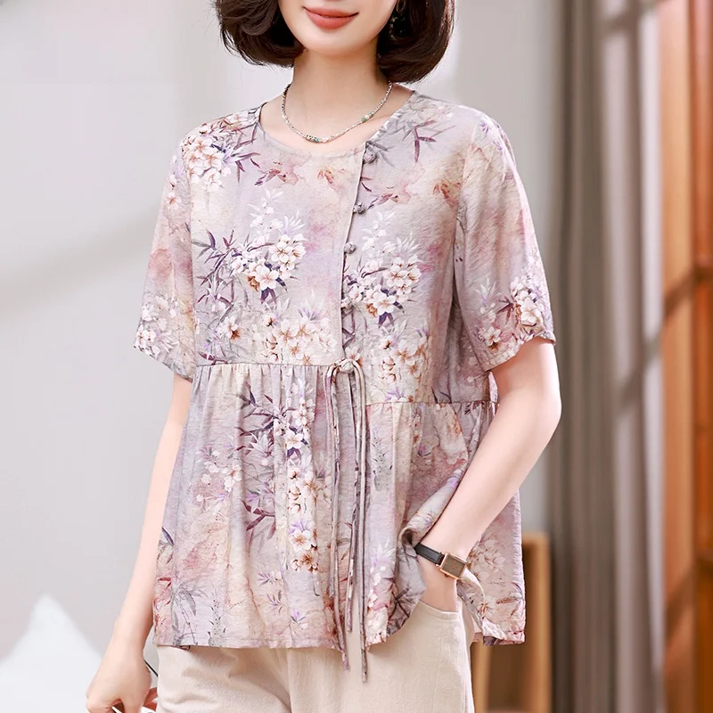 

Модный комплект из хлопка и льна: свободная футболка с коротким рукавом и топ для женщин среднего возраста, летний повседневный наряд