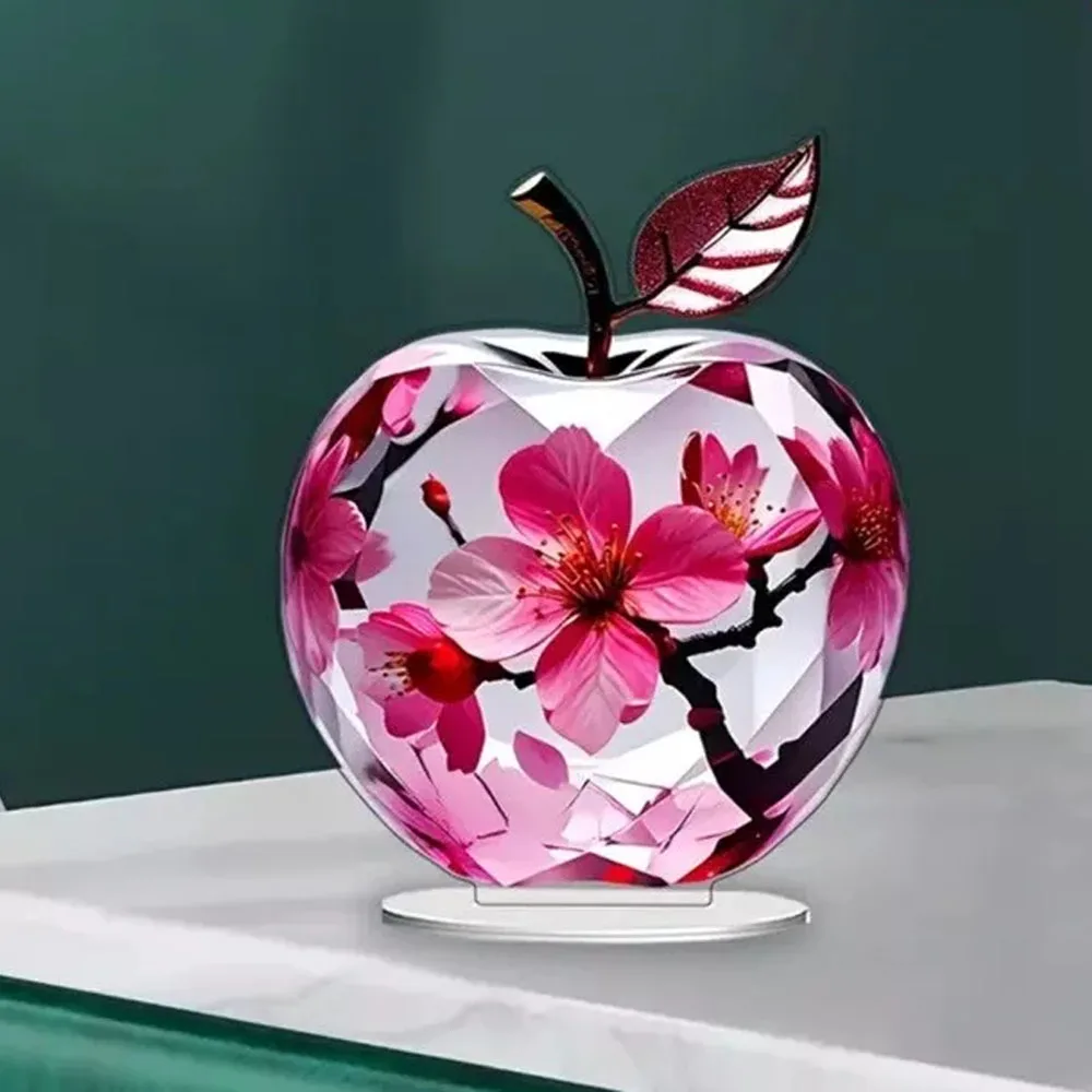 1 piece, 2D flat apple shaped acrylic decorative ornament with cherry blossom pattern, suitable for home and office, elegant