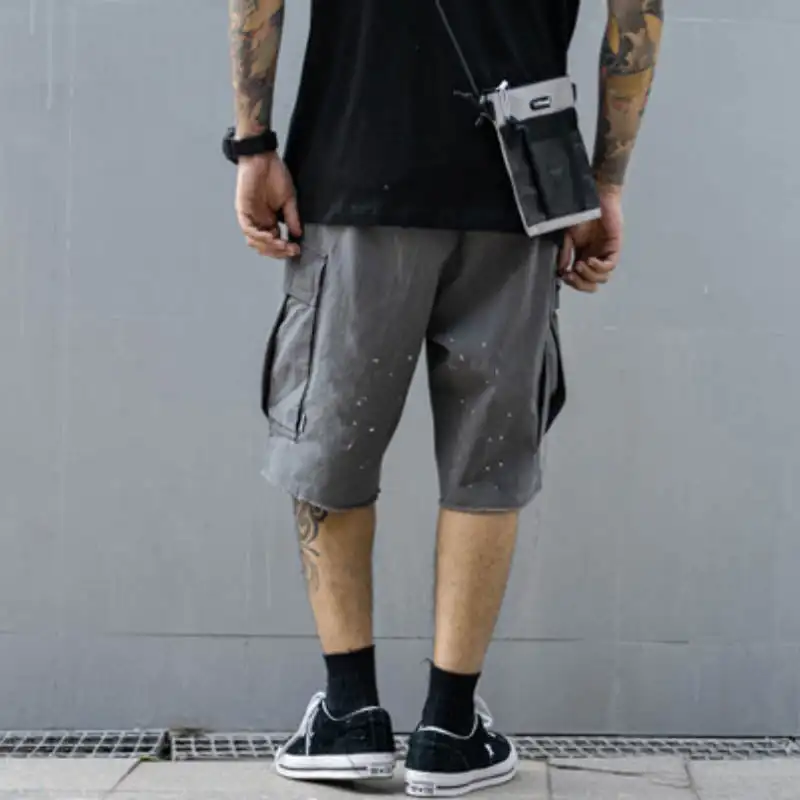 Men's Casual Functional Multi-pocket Washed Raw Edge Cargo Shorts Anime Pants Cool Men's Fashion Sweatshorts