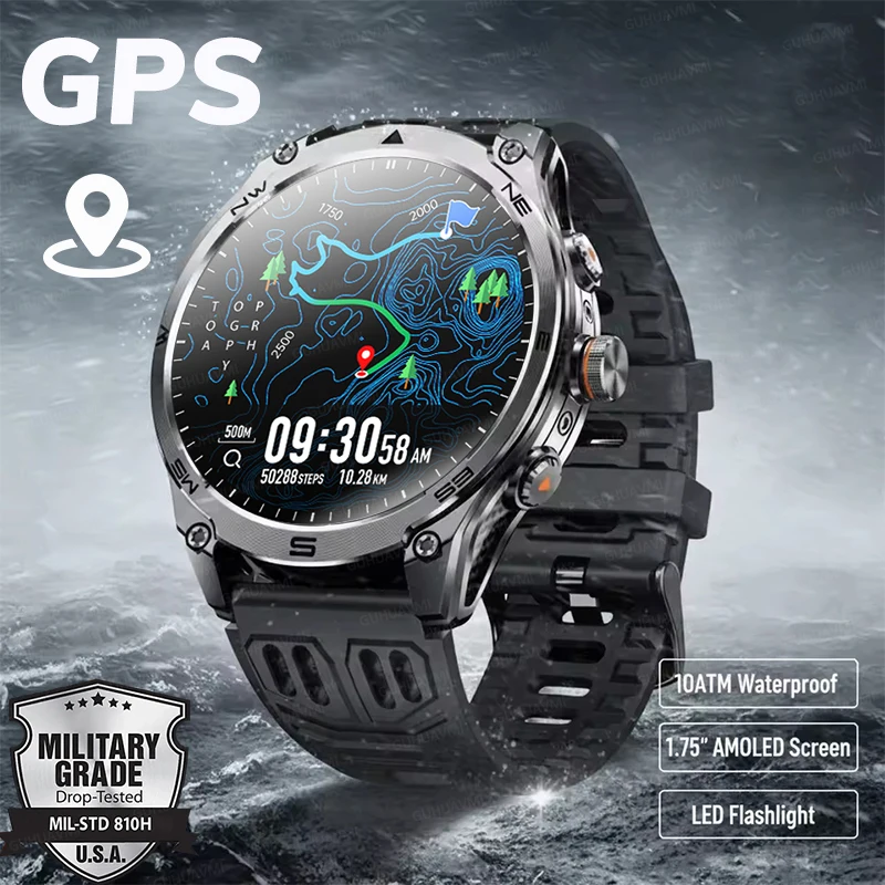 

2026 Men 1000mAh Battery Military Grade SmartWatch 1.75” AMOLED Screen Built-in GPS Flashlight 10ATM Waterproof 170+Sports Watch