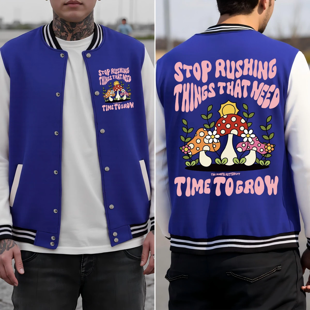 

Stop Rushing Things Mushroom Printing Male Baseball Uniform Hip Hop Cotton Streetwear Autumn Colorful Clothing Men Jackets