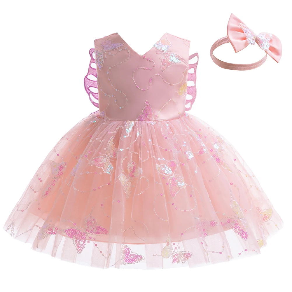 Toddler Girl Sequin Princess Dress with Hairband Elegant Butterfly Gowns Baby\'s Clothes Flower Girl Wedding First Commuion