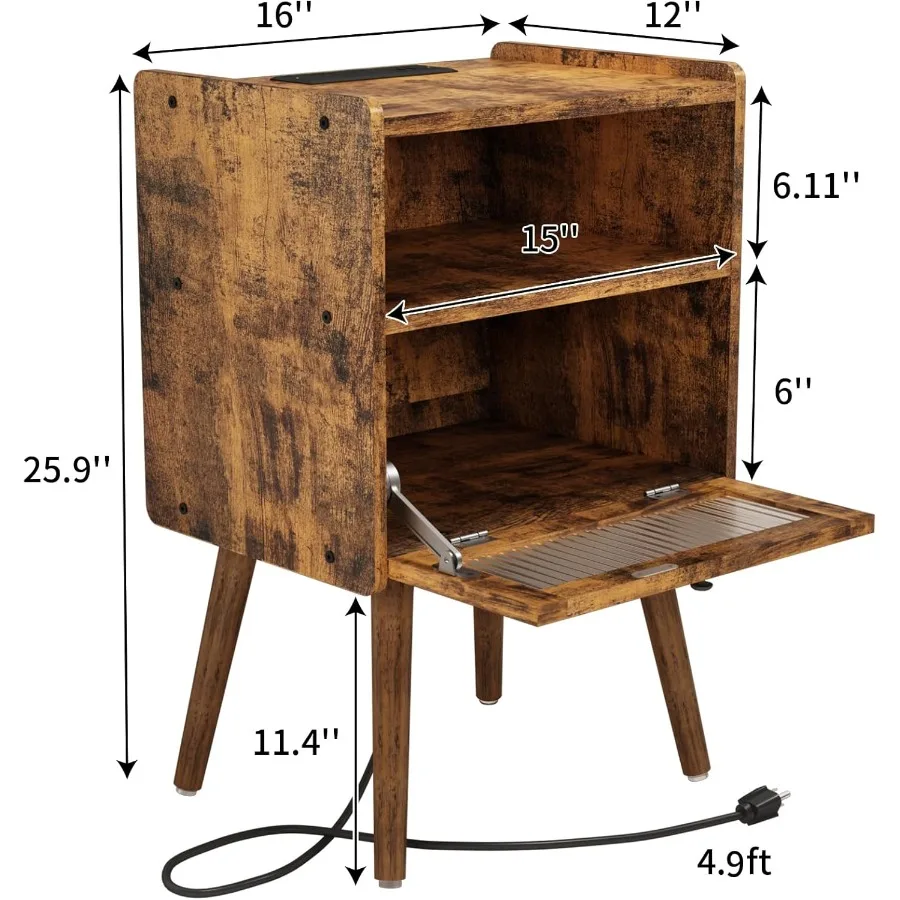 Comodino moderno della metà del secolo con stazione di ricarica e porta in vetro per camera da letto e soggiorno Tavolino portaoggetti a due livelli con