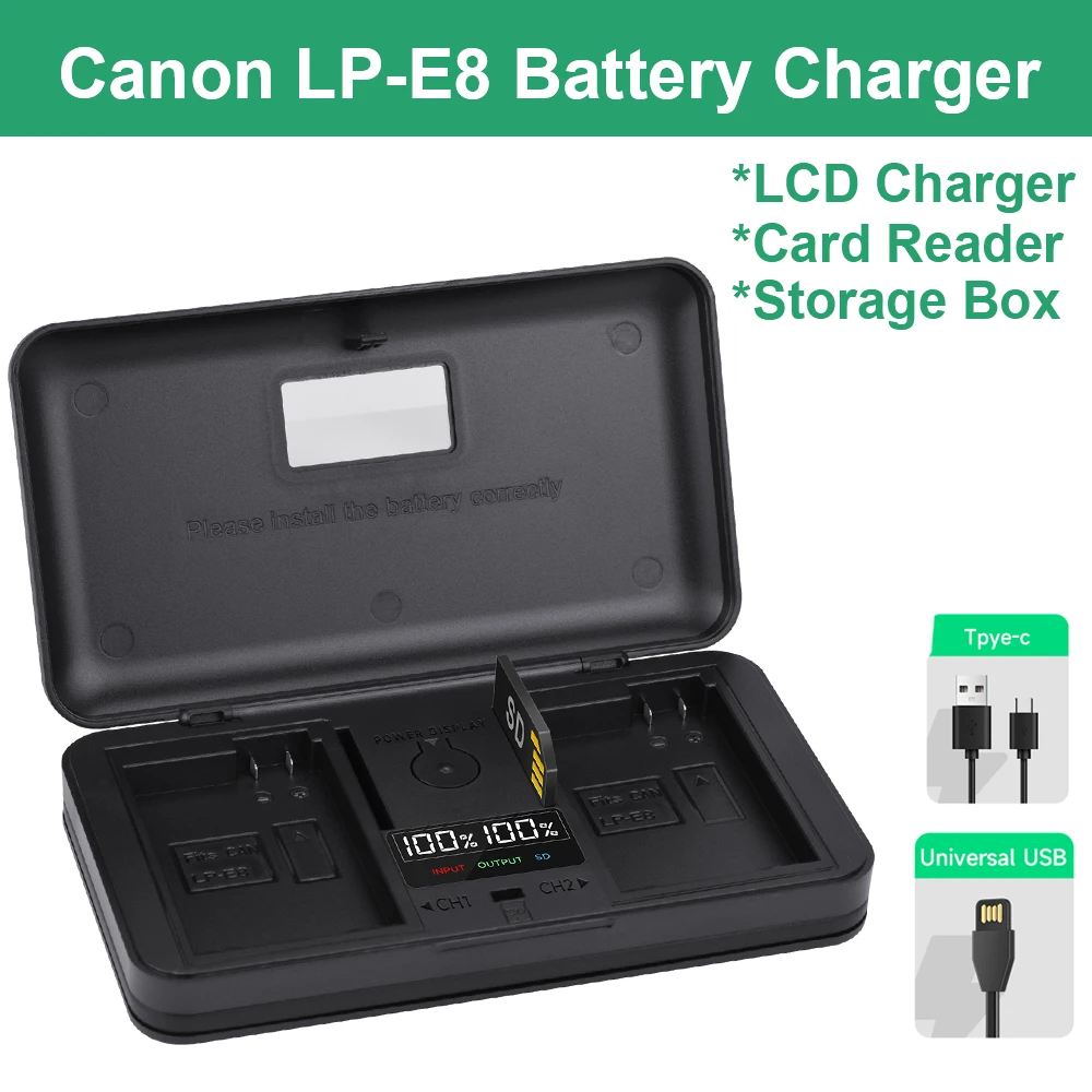 

LP-E8 LP E8 Battery Charger Case,SD Card reader Storage Box for Canon EOS 550D 600D 650D 700D Kiss X4 X5 X6i X7i Rebel T2i T3i