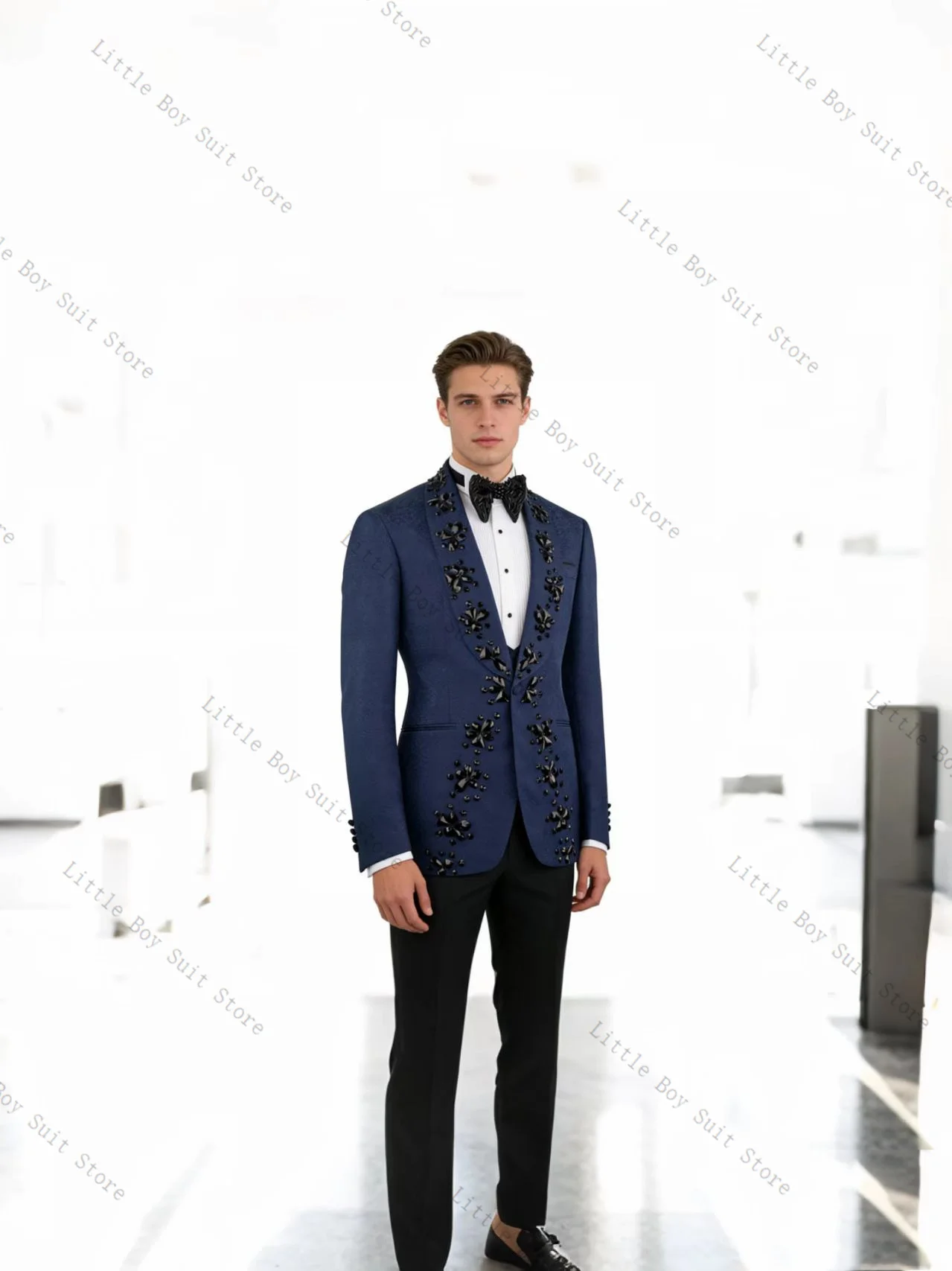 

Crystals Blue Men Suit Set 2 Pieces Jacket Blazer+Black Cotton Pants Trousers Wedding Tuxedo Formal Office Party Coat Customized