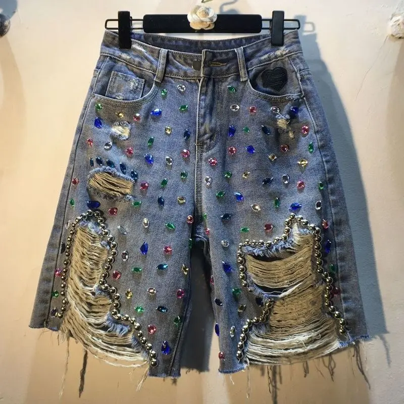 Diamond Studded Denim Shorts  High Waisted Hole Straight Leg  Tassels Pants  2024 Women's Spring/Summer Versatile Short Jeans