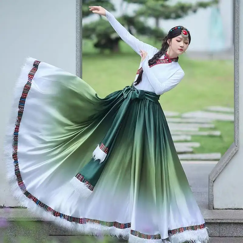 Classic Tibetan Dance Costume Ethnic Minority Flying Goddess Skirt Halloween Christmas Carnival Stage Performance Large Hem Suit
