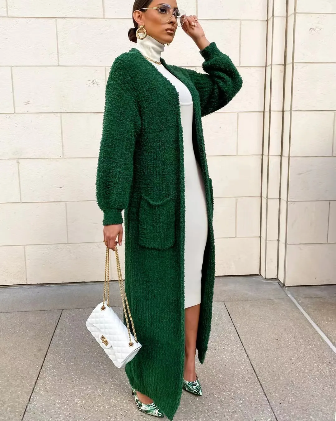 Long Cardigan Women Green Velvet Jacket Autumn Winter Loose Long Sleeve Y2k INS Sweater 2022 Warm Jumper Maxi Causal Cardigans