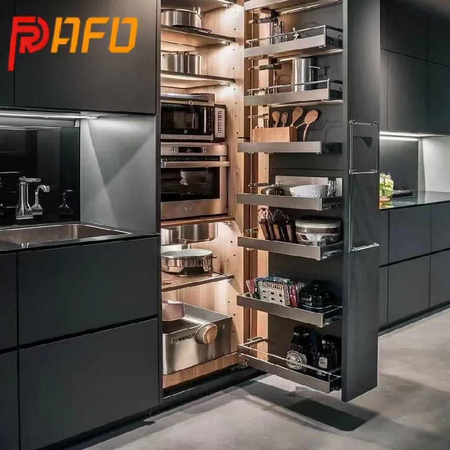 New Design Customized Quartz Countertop Kitchen Pantry Europe Style Wood Veneer Smart Kitchen Cabinet