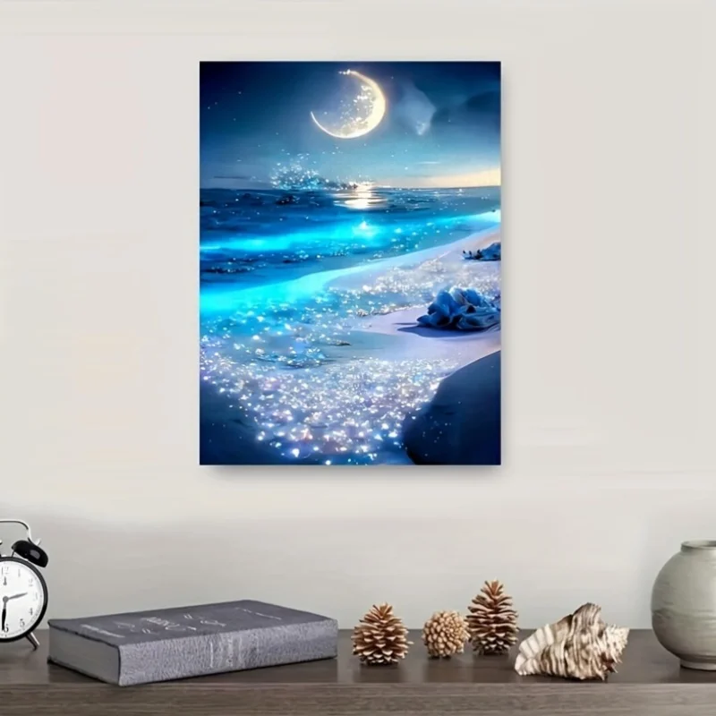 

1000 шт. Пляжная головоломка с синим лунным светом - сцена звездной ночи и полумесяца, головоломка с уровнем вызова для энтузиастов своими руками, портативная прямоугольная