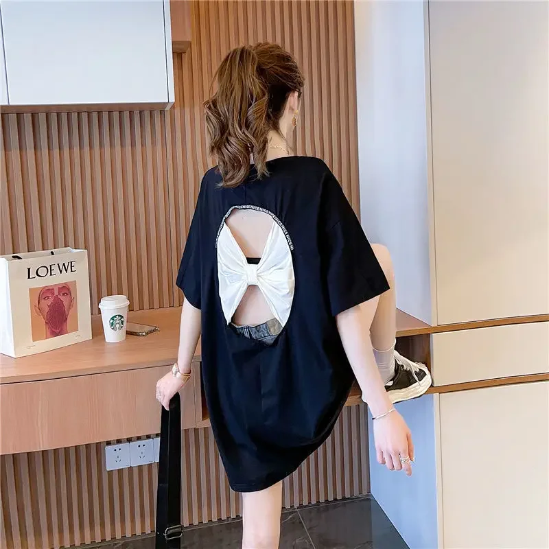 

DAYIFUN O Neck T-shirt Spring Summer New Sexy Bow Hollow Short Sleeve Tshirts Lady Large Loose Korean Versatile Top Women's Wear