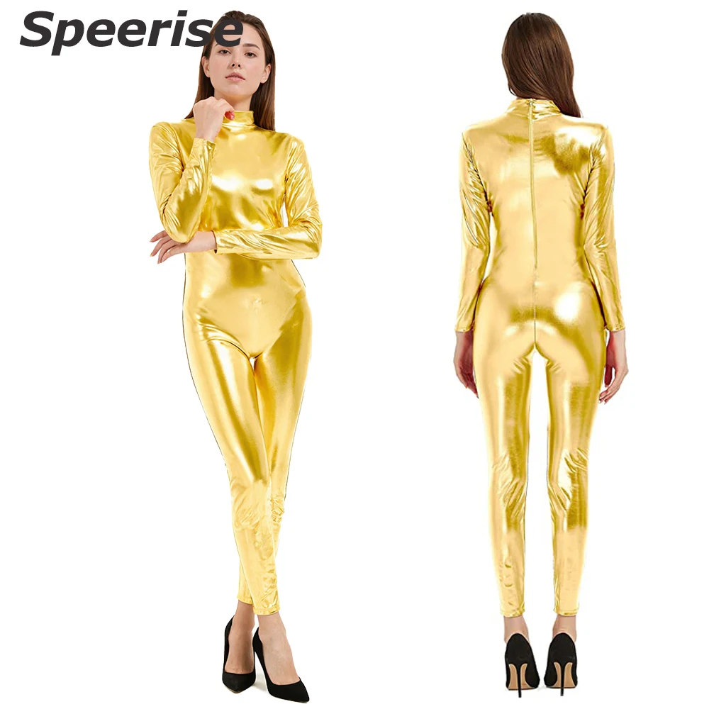 

Speerise Adult Jumpsuit Long Sleeve Shiny Unitard Metallic Catsuit Unisex Footless Turtleneck Zip Cosplay Costume Halloween