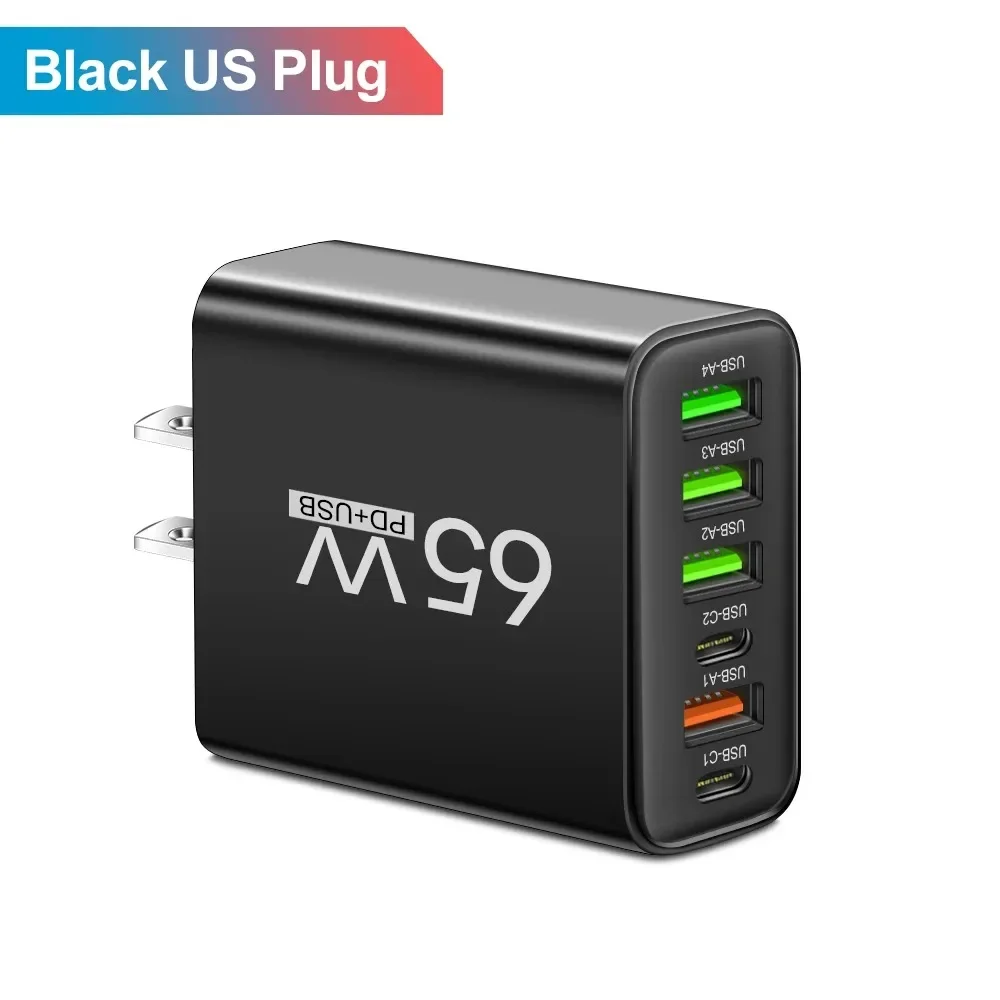 6 Ports 65 W USB PD Ladegerät Schnellladung Typ C Telefon Ladegerät Adapter für iPhone Samsung Xiaomi USB C Schnellladung Wandladegerät