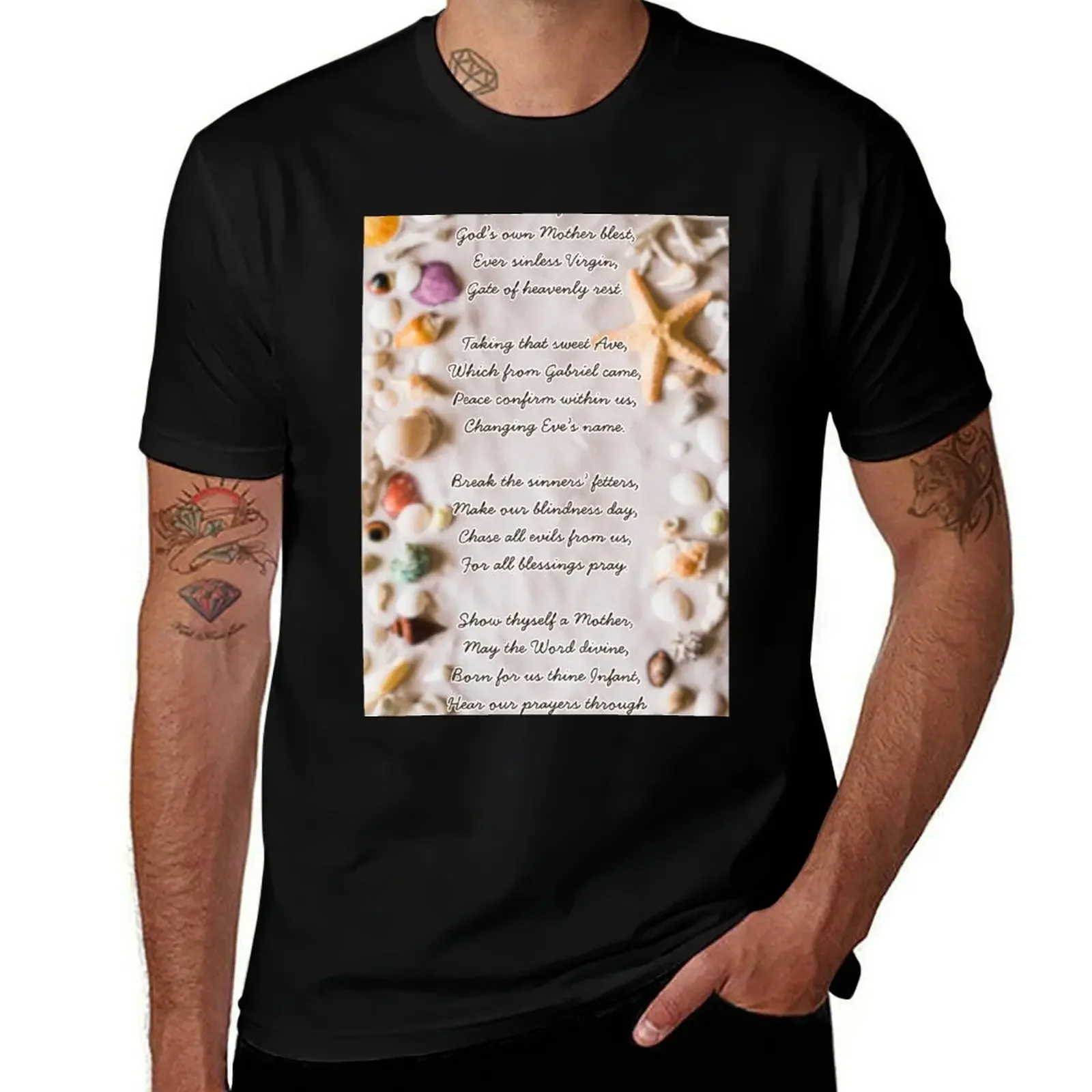 

Ave Maris Stella – Catholic Hymn with Seashore Background T-Shirt vintage street wear boys whites mens white t shirts