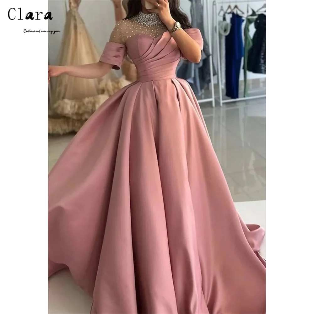 

Clara Custom Pink Round Neck Hiny A Line Elegant Cocktail Dresses 2025 Woman Luxury Evening Dress Long Prom Dress Party Women's