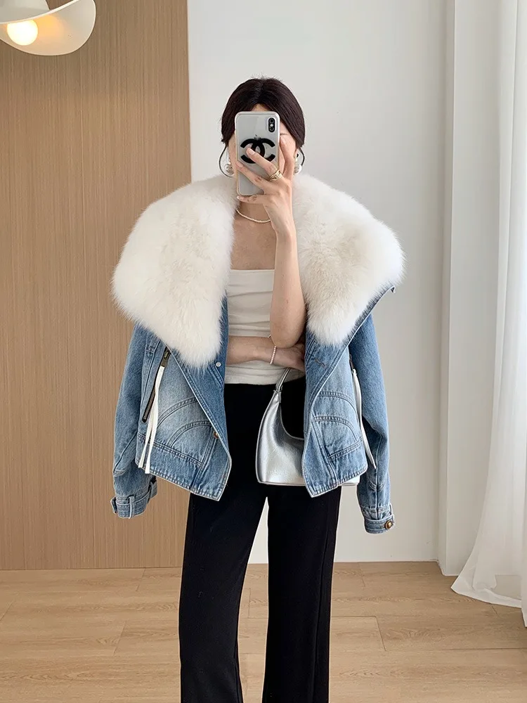 2024 Winter Women\'s Denim White Duck Down Coats With Natural Real Fox Fur Collar Outwear Luxury Female Jacket