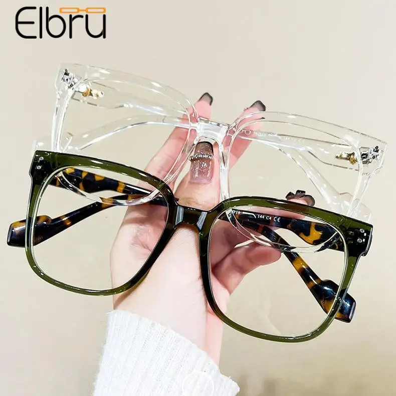 Elbru Transparent Anti Blue Light Reading Glasses Women Men Fashion Big Frame Presbyopic Eyeglasses Unisex Hyperopia Eyewear+1+4