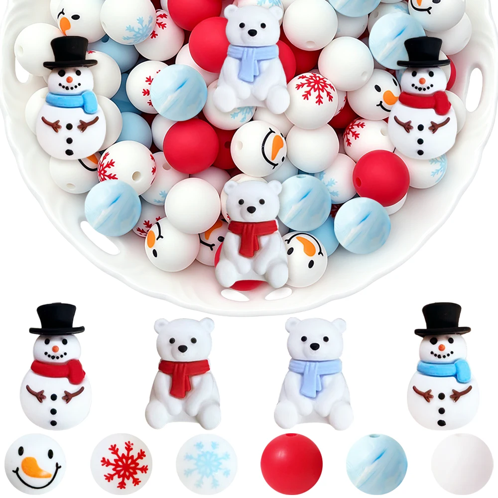 34/43-teiliges Winter-Schal-Bär-Silikonperlen-Set, DIY-Perlenkette, Armband, Dekoration, Stift, Schmuck, Anhänger usw. Geburtstagsgeschenk für die Feiertage – Detail 1