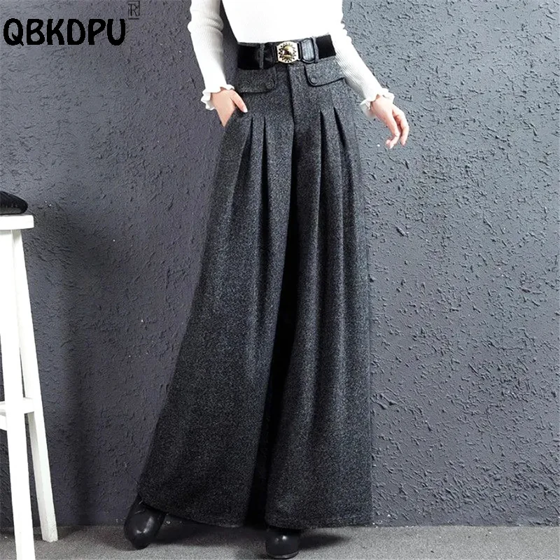 

Luxury High Waist Woolen Baggy Pants Elegant Culottes Women Wool Blend Wide Leg Pantalon No Belt Office Lady Trousers Pantskirt