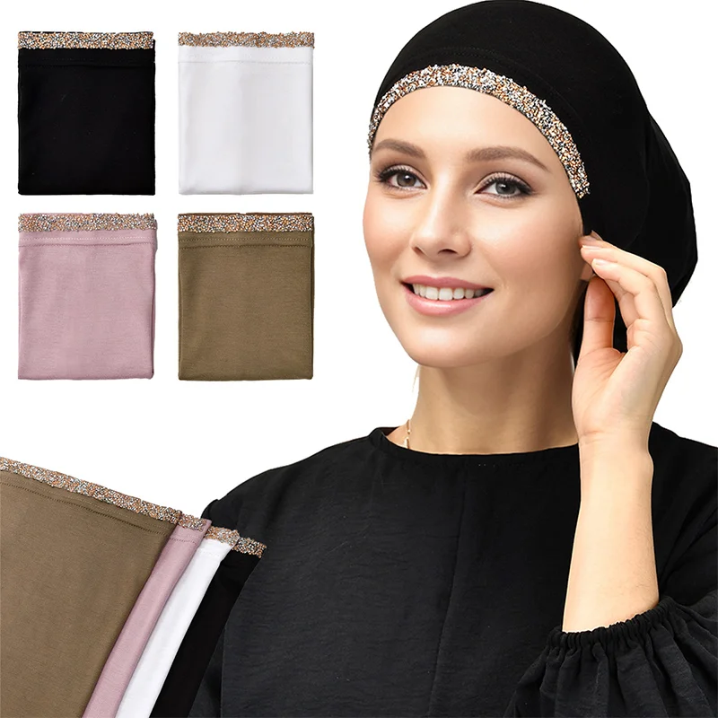 4/Pcs Modal Cotton Rhinestone Undercap Stretchy Hijab Plain Soft Bonnet Muslim Women Elastic Inner Hijab Turban Islam Underscarf
