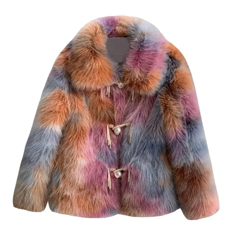 2023 New Korea Faux Fox Fur Grass Coat Women's Winter Jacket Mid Long Pearl Buckle Artificial Fur Coat Female Outerwear Cothing