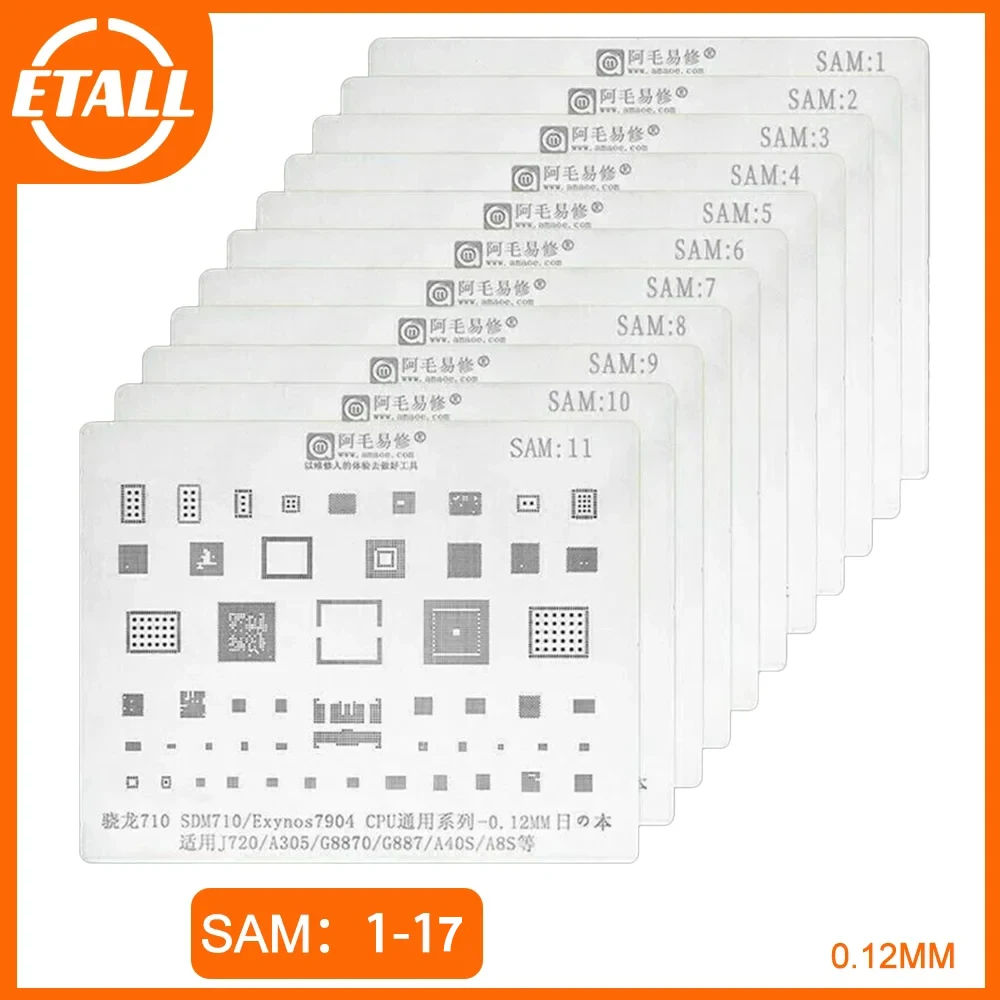 Amaoe SAM 1-17 BGA Reballing Stencil SAM13 SAM14 for Samsung A70 A80 A90 NOTE Exynos7870 9611 Power IC Audio CPU Tin Steel Mesh