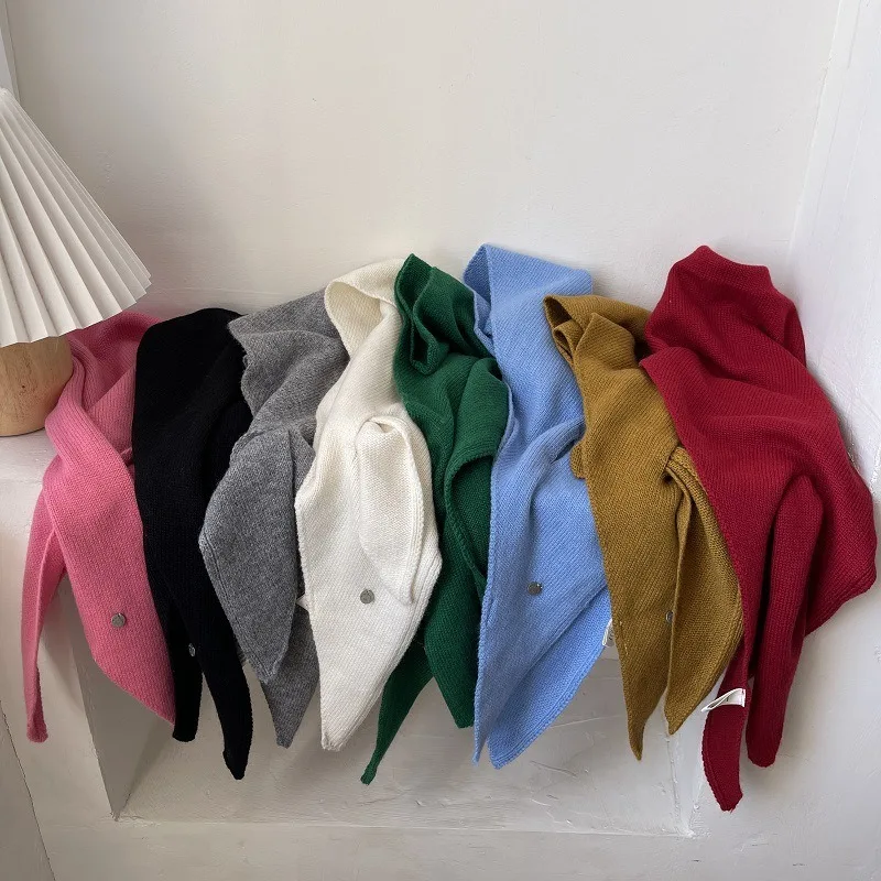 

Korean Versatile Knitted Triangular Scarf Women Autumn Winter Wool Blend Solid Simple Small Shawl Female Stylish Woolen Wrap