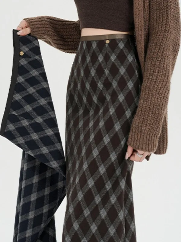 

Шерстяная юбка цвета хаки женская, весенне-осенняя, с высокой талией, приталенная, миди, с разрезом, прямая, в клетку