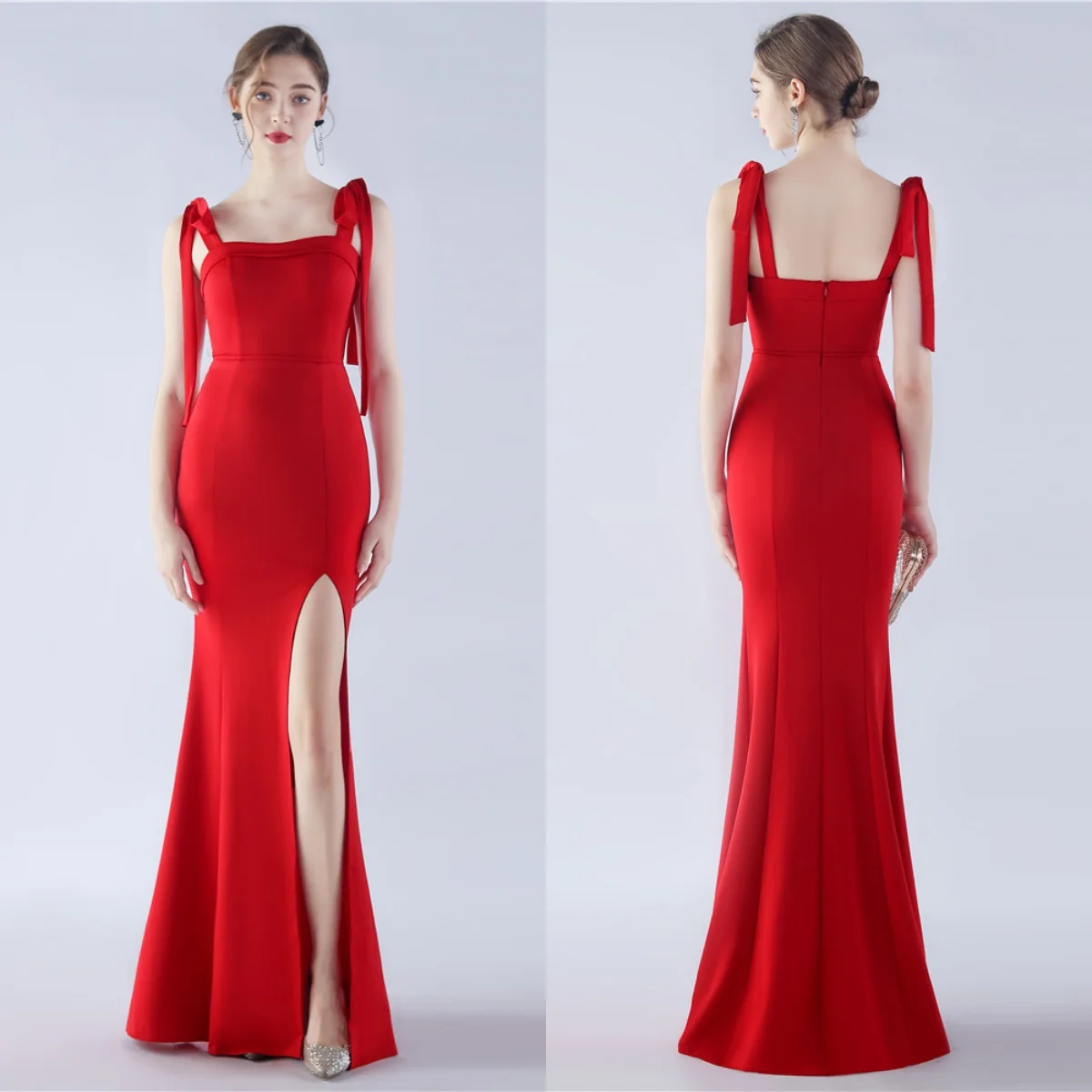 Evening Dress Red Stretchy Sgaphetti Straps Zipper Back Mermaid Trumpet Floor Length Simple Women Party Formal Gowns YE084