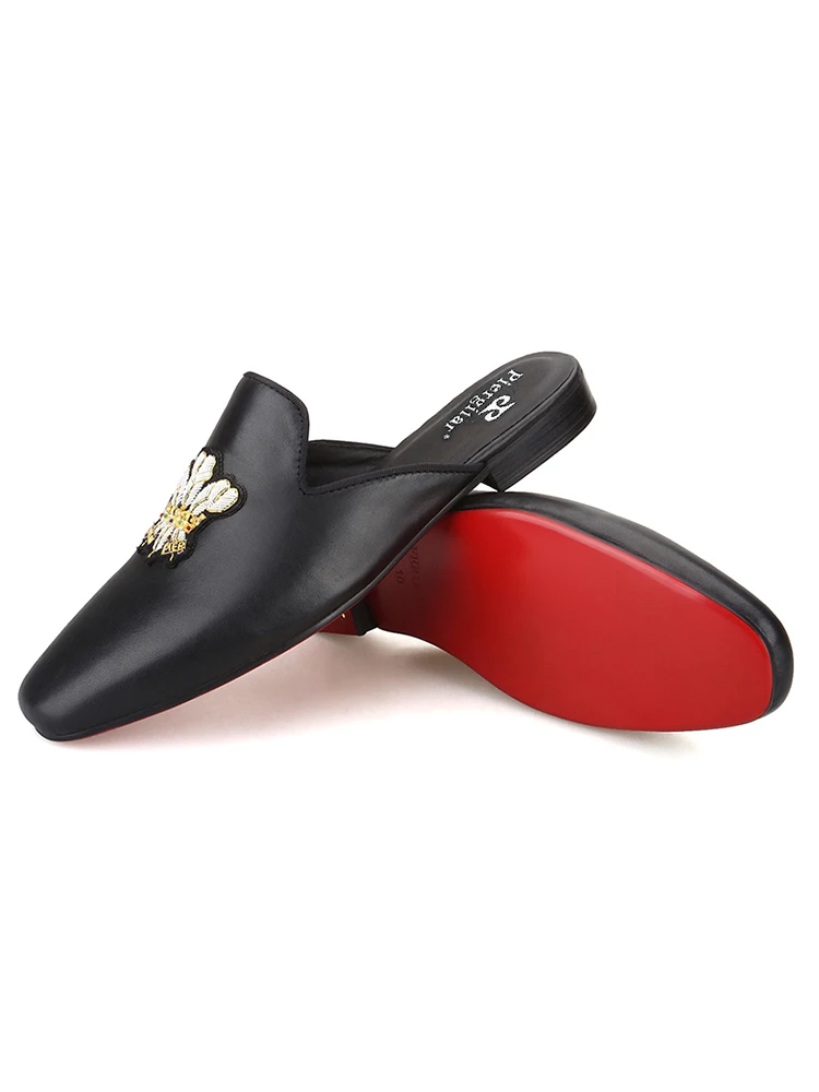 Piergitar Summer New Style Black Genuine Leather Men's Mules With Handmade Customized Patterns Patch Slip-On Slippers Red Sole view 4