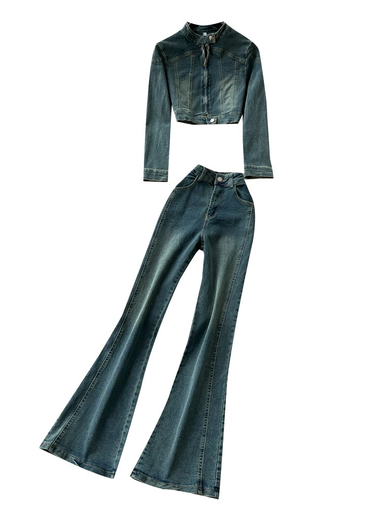 Women's Matching Sets Jacket Pant Jeans Set for Women Outfit Short Denim Jacket High Waist Fit Flares Trousers Two Pieces Suits