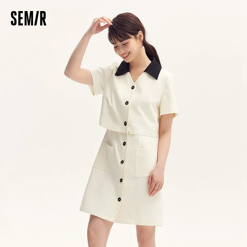 

Semir Dress Women Textured Faux Two-Piece Short Skirt Elegant 2024 Summer New Graceful Contrast Color Collar Little White Dress