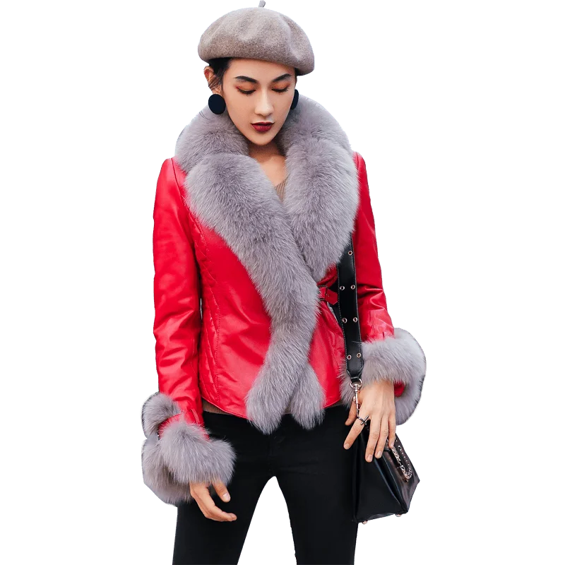 2022 winter fashion women real sheepskin leather coat with big fox fur collar ladies female leather new outfit jacket