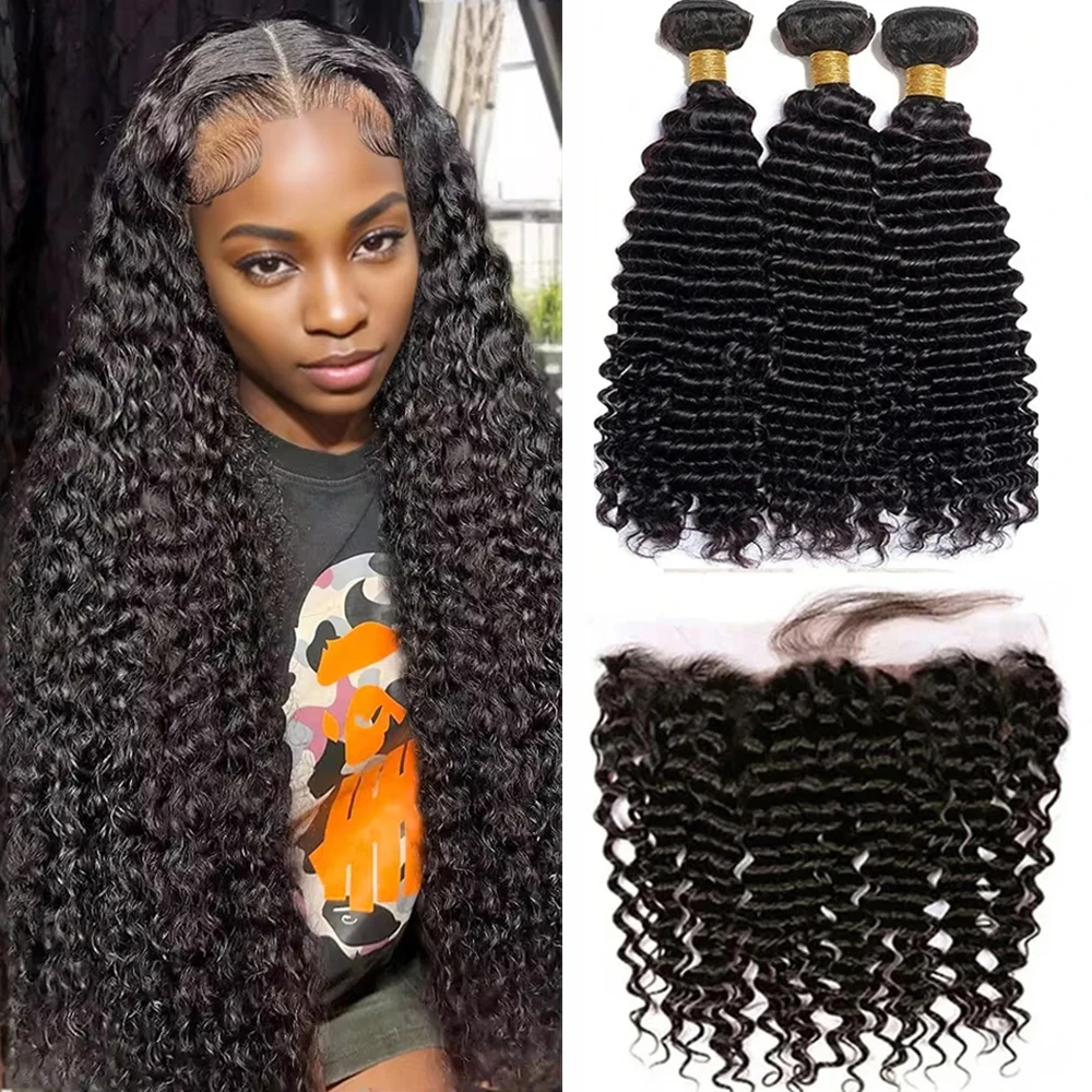 Tissage en Lot Brésilien Naturel Deep Wave, avec Dentelle HD 13x4, Extensions de Cheveux, Lot de 3