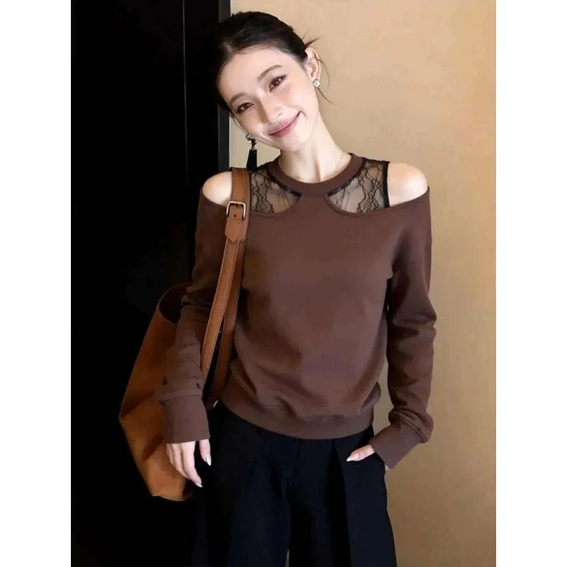 

Brown Long Sleeve Top With Lace Cutout Shoulder Detail Elegant Office Wear For Women