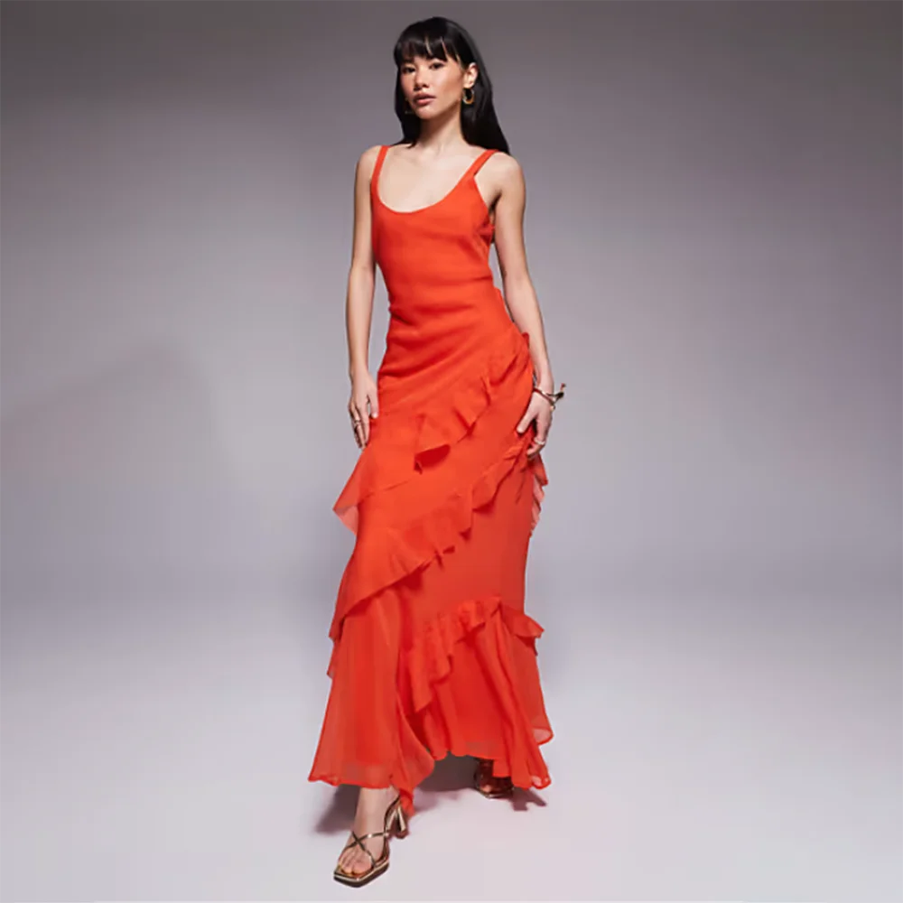 

Women's Formal Evening Gowns Elegant Round Neck Sleeveless Spaghetti Strap Tiered Ruffle Evening Dresses 2026 Formal Party Gowns